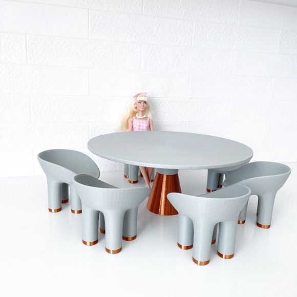 Miniature Patio Table 6 Chairs Gray Copper Large Round 1:6 Scale Dollhouse - Picture 3 of 7